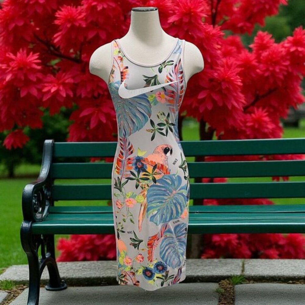 Nike Tropical Print Bodycon Dress XS Parrot Floral Y2K Rare Racerback Festival‎